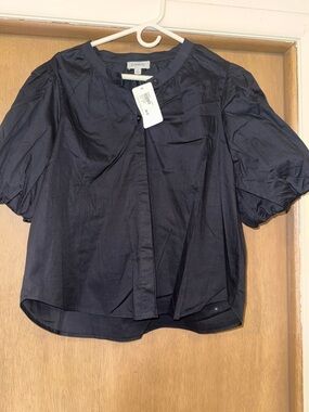 Evereve black Felix Puff Sleeve Poplin Button-Front Blouse XL NEW